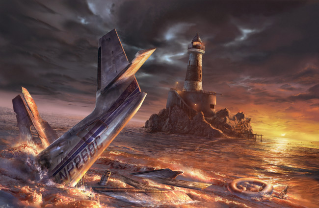 Обои картинки фото anas riasat, фэнтези, иные миры,  иные времена, самолет, обломки, катастрофа, маяк, море