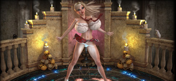 Картинка 3д+графика фантазия+ fantasy свечи черепа грудь фон взгляд девушка