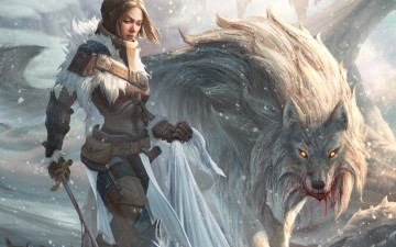 Картинка фэнтези красавицы+и+чудовища хищник меч оружие взгляд арт девушка волк кровь