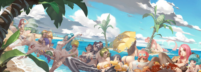 Обои картинки фото аниме, one piece, девушки, небо, пальмы, еда, b-bor, пляж, арт, тропики, формы, эротика, character, tagme, one, piece