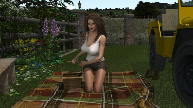 Обои картинки фото 3д графика, люди , people, корзина, фон, взгляд, девушка, цветы