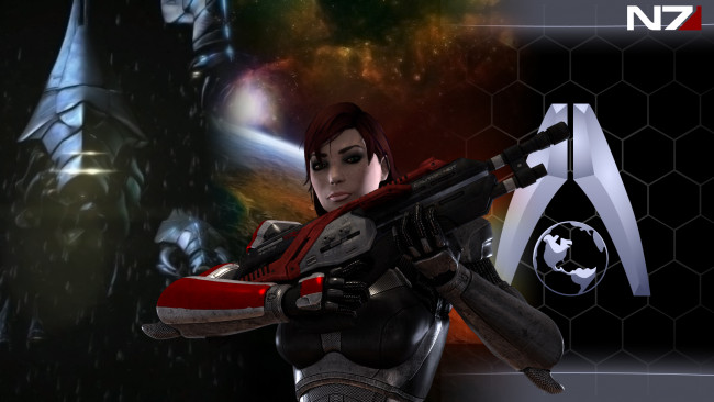 Обои картинки фото видео игры, mass effect 3, девушка, взгляд, фон, оружие