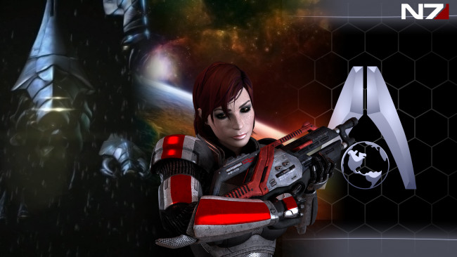 Обои картинки фото видео игры, mass effect 3, оружие, фон, взгляд, девушка