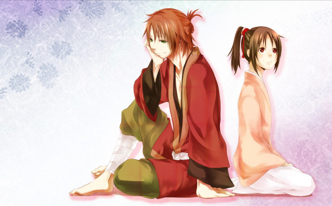 Обои картинки фото аниме, hakuoki, фон, парень, арт, пара, девушка