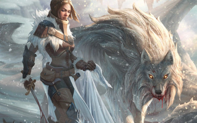 Обои картинки фото фэнтези, красавицы и чудовища, хищник, меч, оружие, взгляд, арт, девушка, волк, кровь