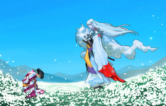 Обои картинки фото аниме, inuyasha, anime, field, кимоно, kimono, фанарт, fanart, самурай, samurai, сэссёмару, арт, рисунок, art, инуяша, луг, meadow, поле, sesshomaru
