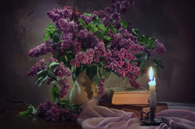 Обои картинки фото цветы, сирень, свеча, книга, натюрморт