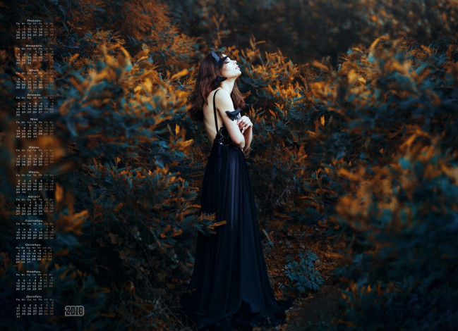 Обои картинки фото календари, девушки, профиль, 2018, растения