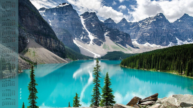 Обои картинки фото календари, природа, скала, водоем, 2018, деревья
