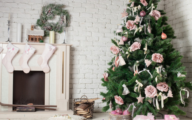 Обои картинки фото праздничные, - разное , новый год, праздник, новый, год, украшения, камин, елка, свечи