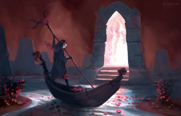 Картинка фэнтези девушки девушка посох цветы лодка река врата