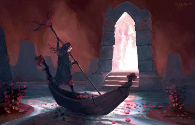 Обои картинки фото фэнтези, девушки, девушка, посох, цветы, лодка, река, врата