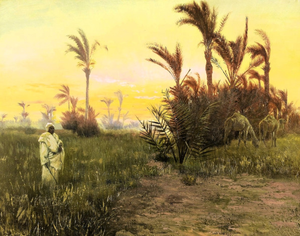 Обои картинки фото рисованное, otto pilny, человек, трава, пальмы, верблюды