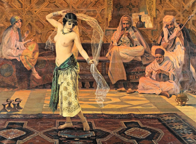 Обои картинки фото рисованное, otto pilny, девушка, танец, ковер, музыканты