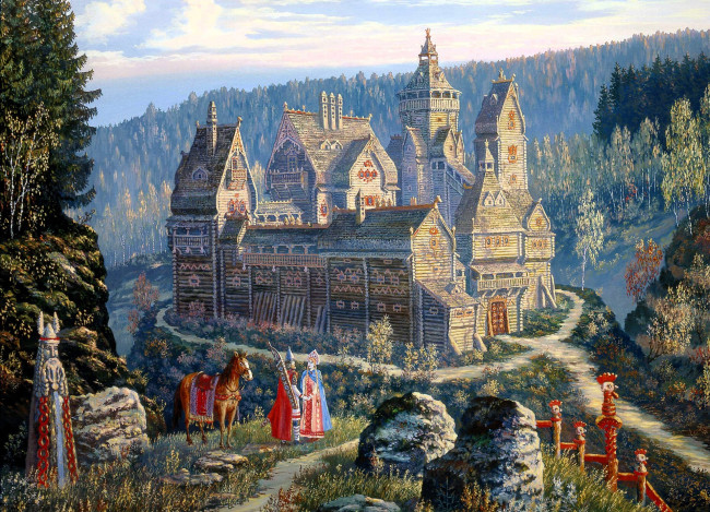 Обои картинки фото рисованное, всеволод иванов, леса, горы, город, тропа, люди, сказка