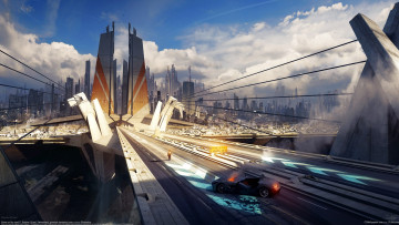 Картинка bastien+grivet фэнтези иные+миры +иные+времена мост город bastien grivet горящая машина