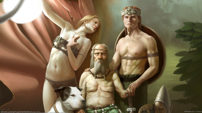 Обои картинки фото corrado vanelli, фэнтези, люди, собака, мужчина, девушка, старец, corrado, vanelli