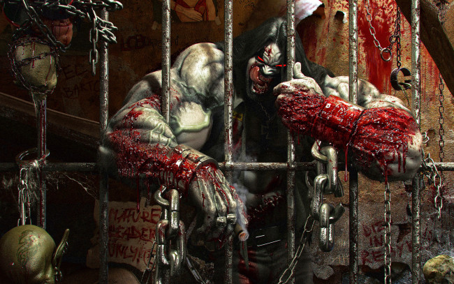 Обои картинки фото stanislav klabik, фэнтези, демоны, демон, кандалы, цепи, кровь, решетка