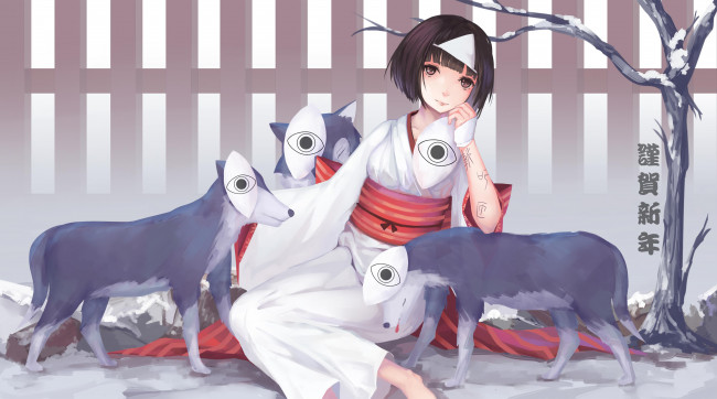 Обои картинки фото автор, аниме, noragami, нора, маски, волки, nora