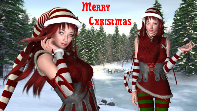 Обои картинки фото 3д графика, праздники , holidays, зима, фон, девушки, взгляд