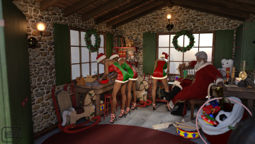 Картинка 3д+графика праздники+ holidays девушки взгляд фон интерьер санта клаус