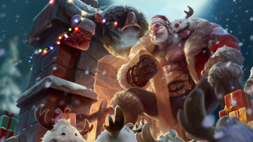 Картинка видео+игры league+of+legends санта клаус поро рога подарки braum