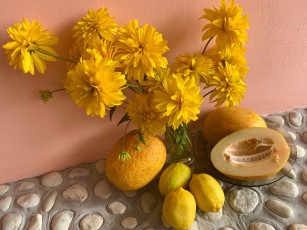Картинка еда натюрморт букет георгины дыня лимоны