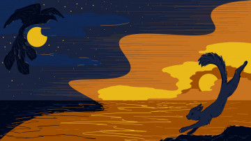 обоя векторная графика, животные , animals, зверь, прыжок, луна, море