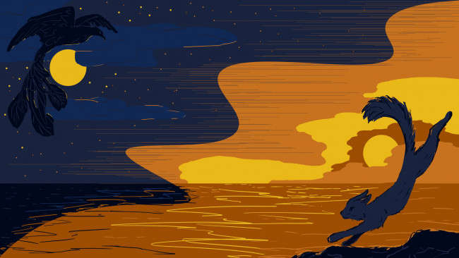 Обои картинки фото векторная графика, животные , animals, зверь, прыжок, луна, море