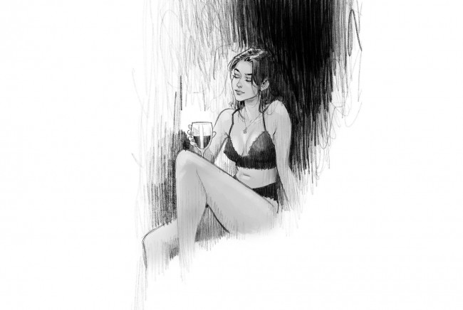 Обои картинки фото рисованное, люди, девушка, белье, бокал