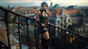 Картинка 3д+графика люди+ people нейро сети художественный улыбка милая очаровательная стильная женщина синие волосы ai art девушки artwork