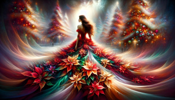 Картинка фэнтези девушки девушка платье цветы ёлки украшения