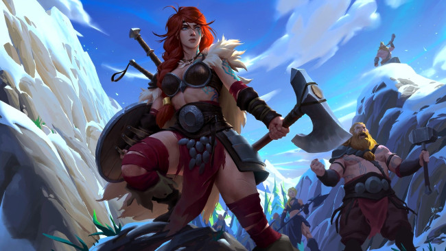 Обои картинки фото фэнтези, люди, отряд, воины, горы, снег