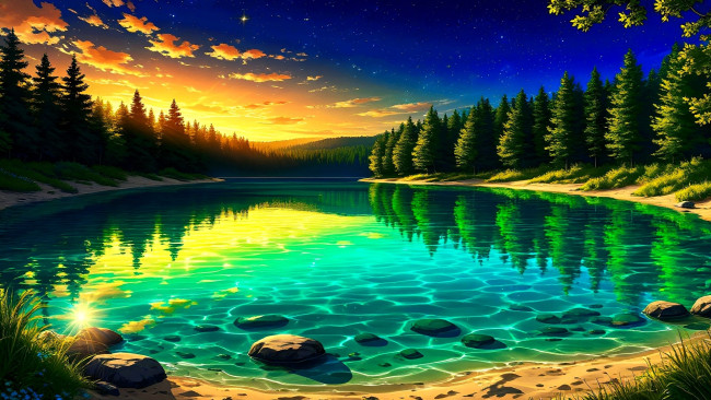 Обои картинки фото рисованное, природа, небо, облака, закат, озеро, лес, горы, камни