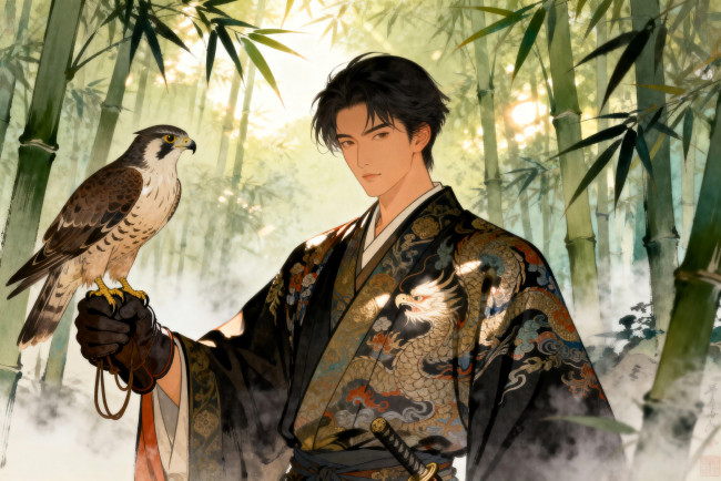 Обои картинки фото рисованное, люди, парень, наряд, перчатка, сокол, птица, лес, бамбук