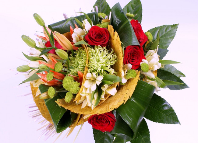 Обои картинки фото цветы, букеты, композиции, хризантемы, альстромерия, лилии, розы