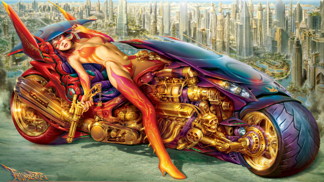 Обои картинки фото фэнтези, девушки, мото