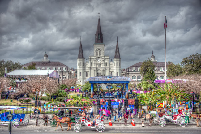 Обои картинки фото new, orleans, города, католические, соборы, костелы, аббатства, новый, орлеан, лошади, кареты, собор, сцена, праздник