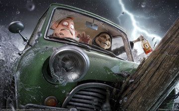 Картинка darko+vucenik 3д+графика humor+ юмор бутылка столб скелет смерть дождь авария авто darko vucenik машина фара брызги вода осколки