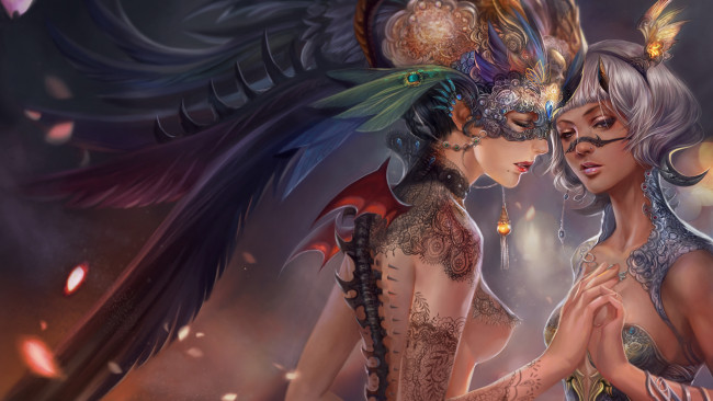Обои картинки фото фэнтези, существа, тату, кружево, украшения, маска, девушки