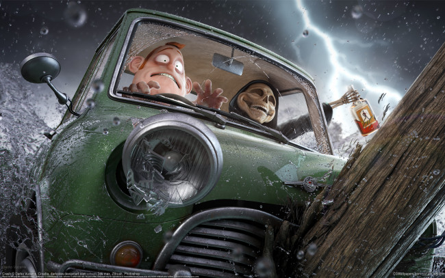 Обои картинки фото darko vucenik, 3д графика, humor , юмор, бутылка, столб, скелет, смерть, дождь, авария, авто, darko, vucenik, машина, фара, брызги, вода, осколки