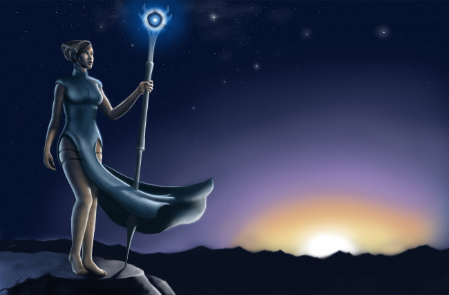 Обои картинки фото фэнтези, девушки, небо, ночное, магический, посох, девушка, звезды