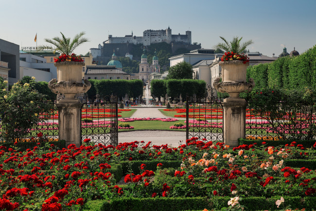 Обои картинки фото mirabell palace gardens,  salzburg,  austria, города, зальцбург , австрия, austria, клумбы, salzburg, сад, дворца, мирабель, зальцбург, hohensalzburg, castle, крепость, хоэнзальцбург, mirabell, palace, gardens, цветы