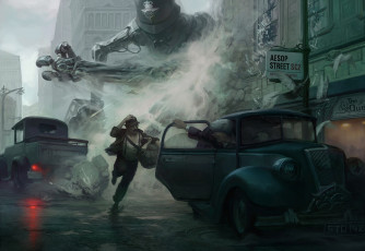 Картинка фэнтези роботы +киборги +механизмы арт фантастика город монстр робот люди бегство we who fought the queen by bopchara