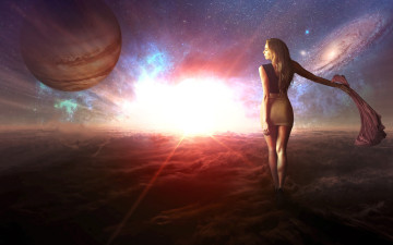 Картинка разное компьютерный+дизайн планеты шарф идёт облака девушка