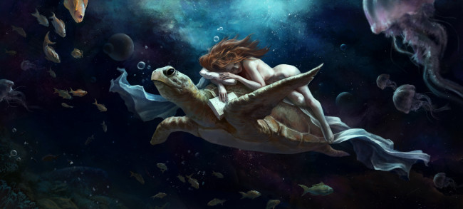 Обои картинки фото фэнтези, девушки, девушка, черепаха, фон