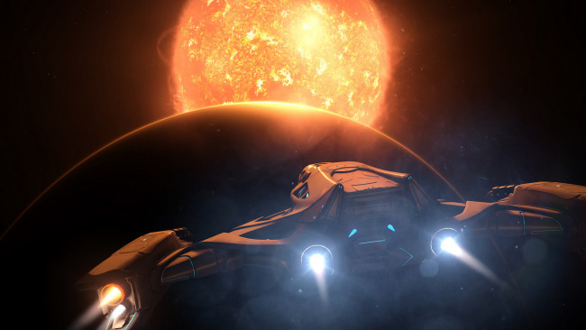 Обои картинки фото фэнтези, космические корабли,  звездолеты,  станции, космический, корабль, звезды, планета, солнце, космос