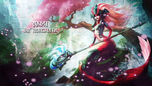 Обои картинки фото видео игры, league of legends, посох, существо, фон, девушка, nami