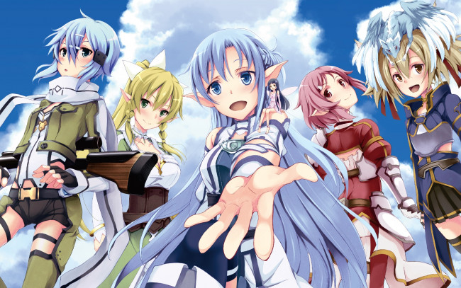 Обои картинки фото аниме, sword art online, девушки, взгляд, фон