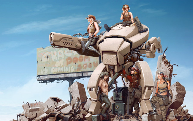 Обои картинки фото фэнтези, роботы,  киборги,  механизмы, робот, девушки, руины